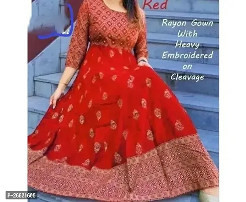 Pretty Red Printed Rayon Flared Anarkali Gown