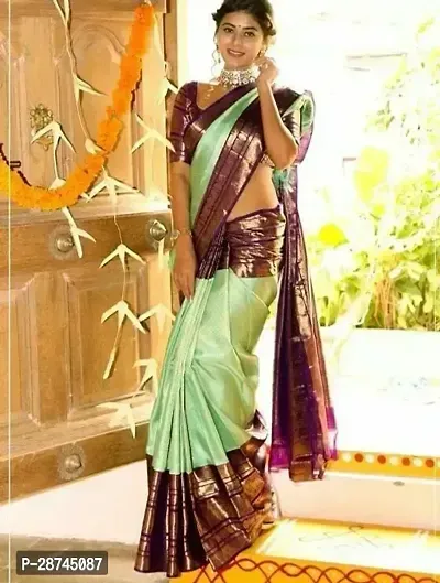 Stylish Silk Blend Green Woven Design Saree with Blouse piece For Women-thumb0