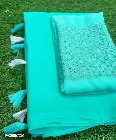 Stylish Chiffon Turquoise Embroidered Saree with Blouse piece For Women