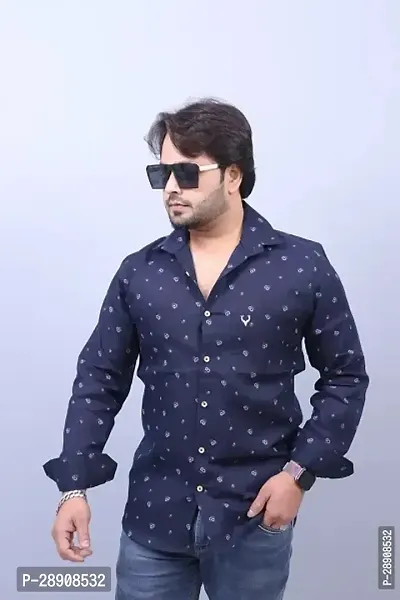 Reliable Navy Blue Cotton Printed Casual Shirt For Men