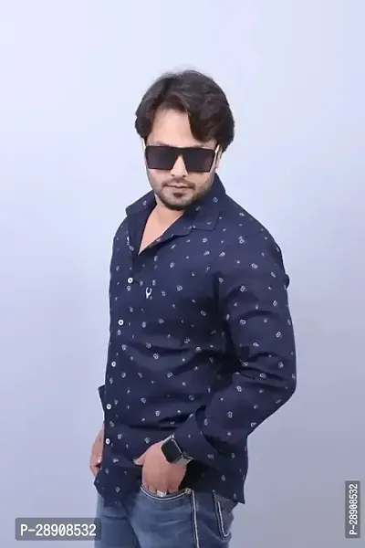 Reliable Navy Blue Cotton Printed Casual Shirt For Men-thumb2