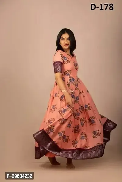 Attractive Peach Printed Chanderi Cotton Gown For Women