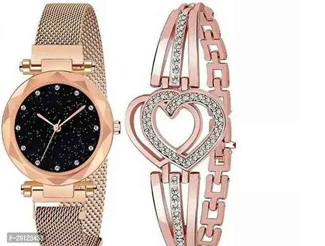 Diamond Studded Dial Magnetic Mesh Strap Analog Watch With Free Gift Heart Bracelet Only For You