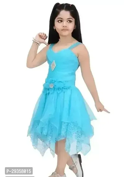 Fabulous Turquoise Cotton Blend Embellished Dress For Girls
