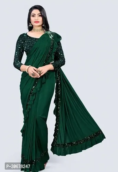 Stylish Lycra Green Solid Saree with Blouse piece For Women-thumb0