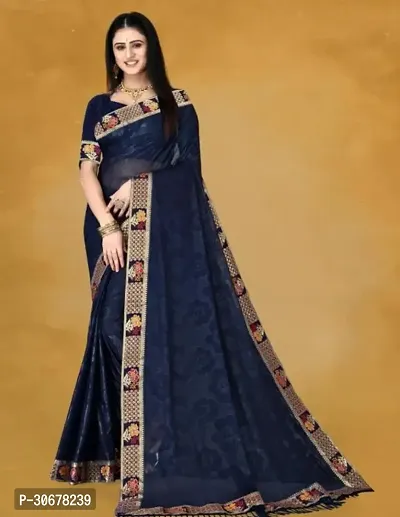 Stylish Lycra Navy Blue Solid Saree with Blouse piece For Women