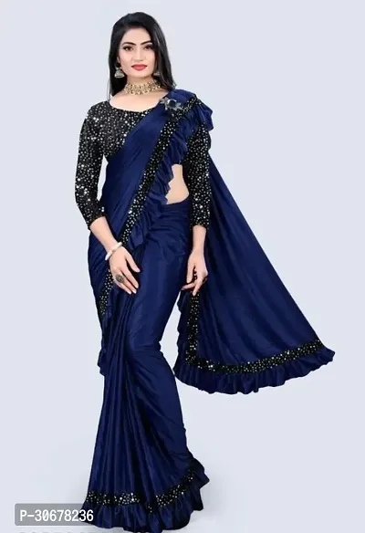 Stylish Lycra Navy Blue Solid Saree with Blouse piece For Women-thumb0