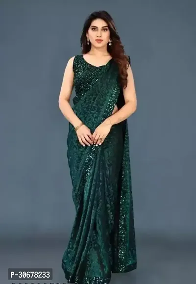 Stylish Lycra Green Solid Saree with Blouse piece For Women-thumb0