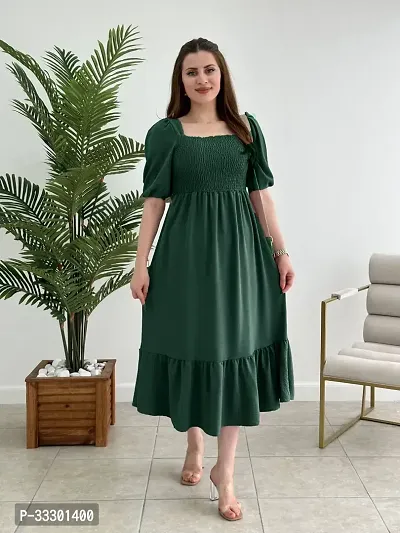 Stylish Green Cotton Blend Solid A-Line Dress For Women-thumb2