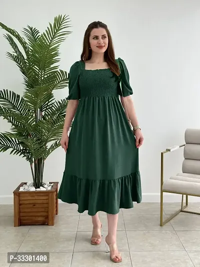 Stylish Green Cotton Blend Solid A-Line Dress For Women-thumb3