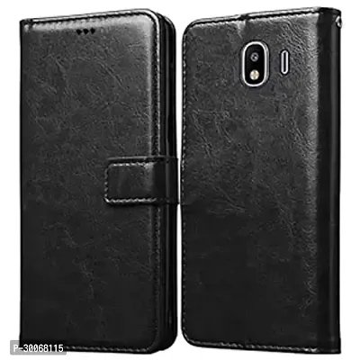 Samsung J4 Leather Flip Cover | (Flexible, Shock Proof Back Cover| Hand Stitched Leather Finish | Card Pockets Wallet  Stand |Designer Case Only for Smart Users (Black) Soriful Store