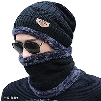 CHITRANSH ENTERPRISE Winter Knit Neck Warmer Scarf and Set Skull Cap for Men Women Black Winter Cap for Men (2 Piece Combo)