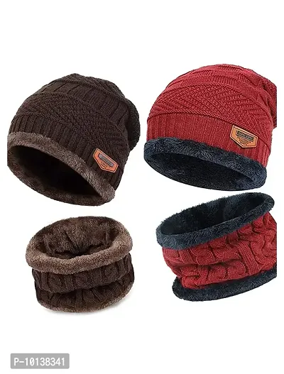 DESI CREED Winter Knit Neck Warmer Scarf and Set Skull Cap for Men Women Winter Cap for Men 2 Piece Combo Pack (Brown - Red)-thumb0