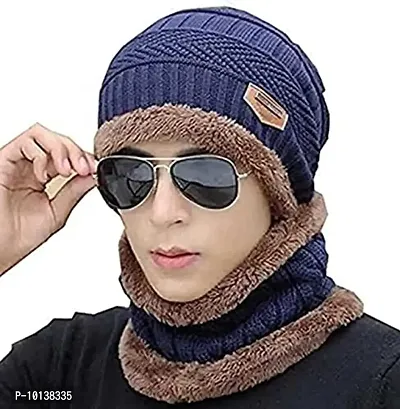 CHITRANSH ENTERPRISE Winter Knit Neck Warmer Scarf and Set Skull Cap for Men Women Blue Winter Cap for Men (2 Piece Combo)-thumb0