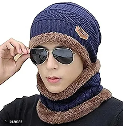 CHITRANSH ENTERPRISE Winter Knit Neck Warmer Scarf and Set Skull Cap for Men Women Blue Winter Cap for Men (2 Piece Combo)-thumb5