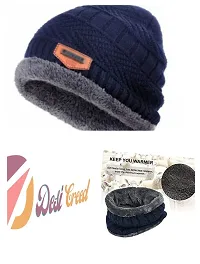 DESI CREED Winter Knit Neck Warmer Scarf and Set Skull Cap for Men Women Winter Cap for Men 2 Piece Combo Pack (Black- Blue)-thumb3