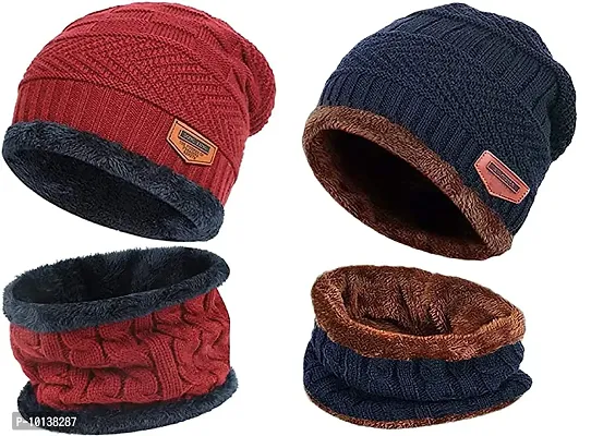 DESI CREED Winter Knit Neck Warmer Scarf and Set Skull Cap and Gloves for Men Women Winter Cap Combo Pack (Red-Blue)
