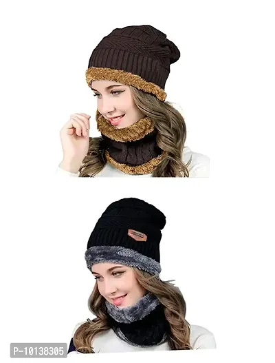DESI CREED Winter Knit Neck Warmer Scarf and Set Skull Cap and Gloves for Men Women Winter Cap Combo Pack (Brown-Black)-thumb0