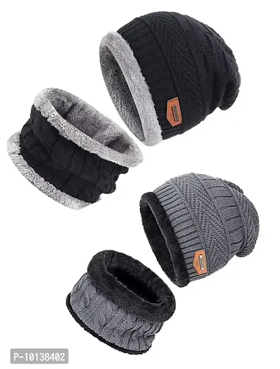 DESI CREED Winter Knit Neck Warmer Scarf and Set Skull Cap for Men Women Winter Cap for Men 2 Piece Combo Pack (Black-Grey)