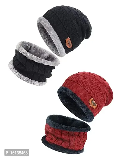 DESI CREED Winter Knit Neck Warmer Scarf and Set Skull Cap for Men Women Winter Cap for Men 2 Piece Combo Pack (Black-Red)