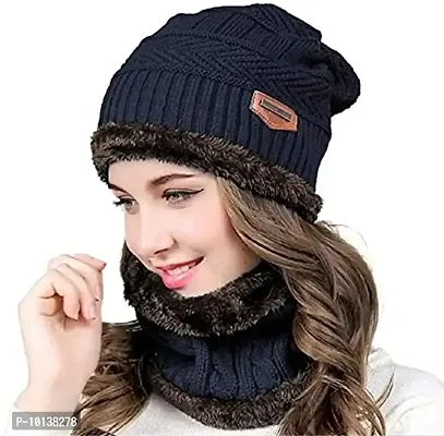 DESI CREED Winter Knit Neck Warmer Scarf and Set Skull Cap and Gloves for Women Winter Cap (Blue)