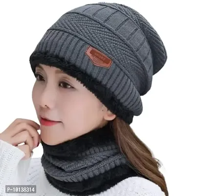 DESI CREED Winter Knit Neck Warmer Scarf and Set Skull Cap and Gloves for Women Winter Cap (Grey)