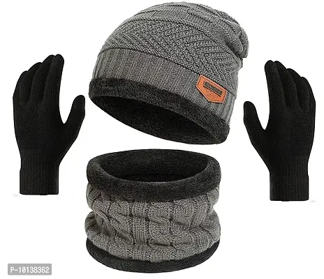 CHITRANSH ENTERPRISE Winter Knit Beanie Cap Hat Neck Warmer Scarf and Woolen Gloves Set for Men  Women (3 Piece) Grey-thumb0