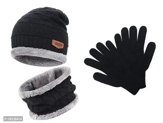 DESI CREED Winter Knit Neck Warmer Scarf and Set Skull Cap and Gloves for Men Women Winter Cap for Men 3 Piece (Black)