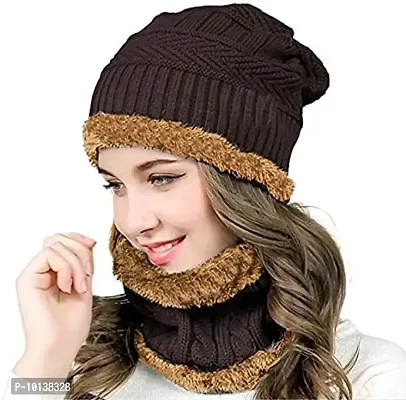 DESI CREED Winter Knit Neck Warmer Scarf and Set Skull Cap and Gloves for Men Women Winter Cap (Brown)