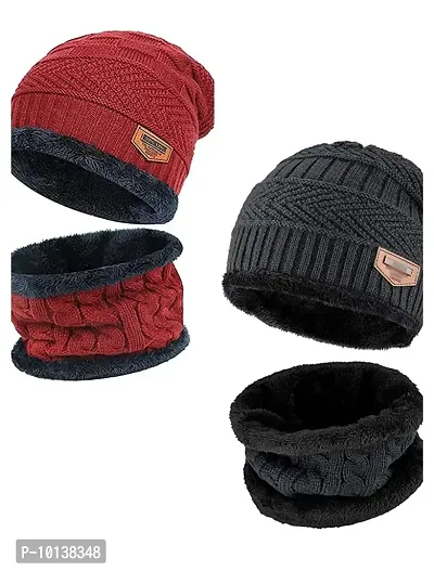 DESI CREED Winter Knit Neck Warmer Scarf and Set Skull Cap for Men Women Winter Cap for Men 2 Piece Combo Pack (Red -Black)