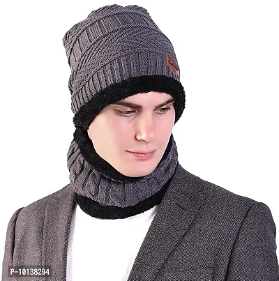 DESI CREED Winter Knit Neck Warmer Scarf and Set Skull Cap and Gloves for Men Women Winter Cap Combo Pack (Red-Grey)-thumb5