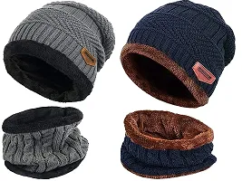 DESI CREED Winter Knit Neck Warmer Scarf and Set Skull Cap and Gloves for Men Women Winter Cap Combo Pack (Blue -Grey)-thumb3