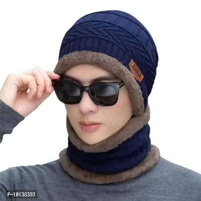 DESI CREED Winter Knit Neck Warmer Scarf and Set Skull Cap for Men Women Winter Cap for Men (2 Piece Combo) (Blue)