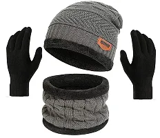 DESI CREED Winter Knit Beanie Cap Hat Neck Warmer Scarf and Woolen Gloves Set for Men  Women (3 Piece) (Grey)-thumb2