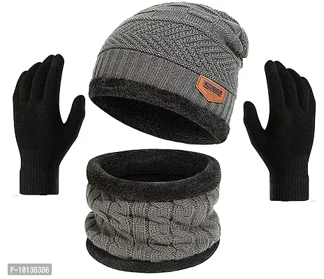 DESI CREED Winter Knit Beanie Cap Hat Neck Warmer Scarf and Woolen Gloves Set for Men  Women (3 Piece) (Grey)-thumb3