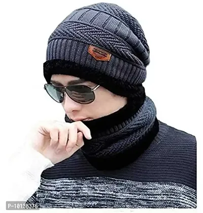 CHITRANSH ENTERPRISE Winter Knit Neck Warmer Scarf and Set Skull Cap for Men Women Green Winter Cap for Men (2 Piece Combo)-thumb4