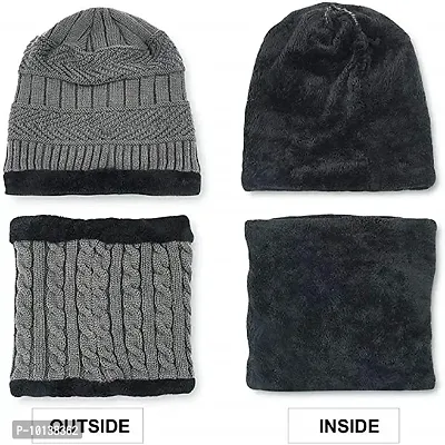 CHITRANSH ENTERPRISE Winter Knit Beanie Cap Hat Neck Warmer Scarf and Woolen Gloves Set for Men  Women (3 Piece) Grey-thumb3