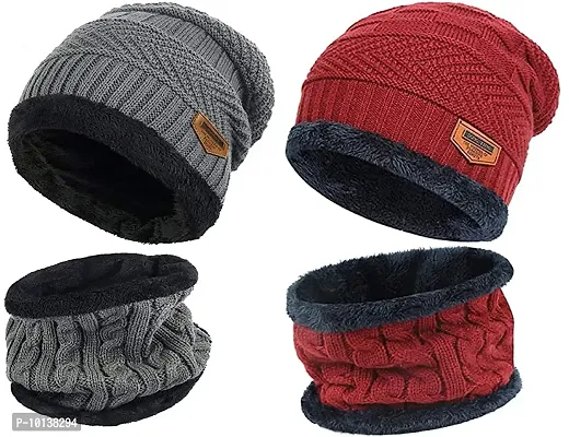 DESI CREED Winter Knit Neck Warmer Scarf and Set Skull Cap and Gloves for Men Women Winter Cap Combo Pack (Red-Grey)