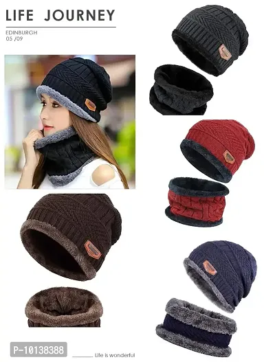 DESI CREED Winter Knit Neck Warmer Scarf and Set Skull Cap for Men Women Winter Cap for Men 2 Piece Combo Pack (Grey - Red)-thumb3