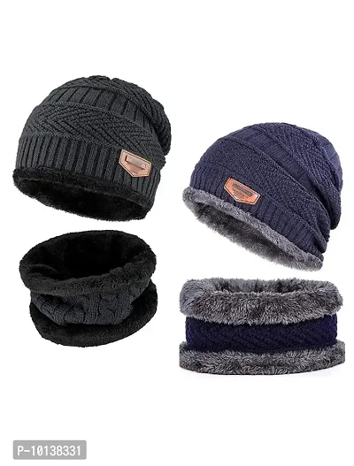 DESI CREED Winter Knit Neck Warmer Scarf and Set Skull Cap for Men Women Winter Cap for Men 2 Piece Combo Pack (Black- Blue)-thumb0