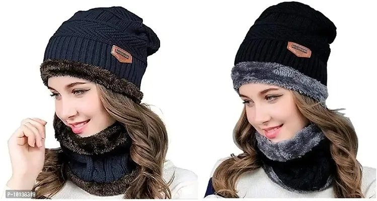 DESI CREED Winter Knit Neck Warmer Scarf and Set Skull Cap and Gloves for Men Women Winter Cap Combo Pack (Blue-Black)