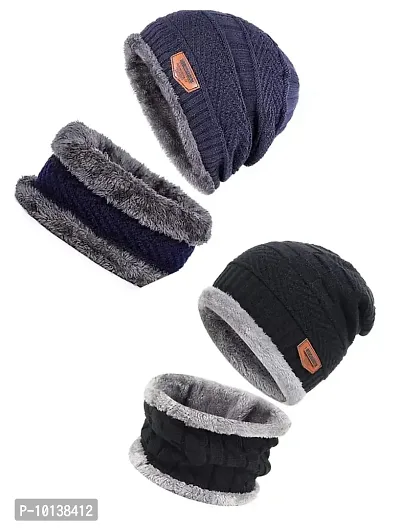 DESI CREED Winter Knit Neck Warmer Scarf and Set Skull Cap for Men Women Winter Cap for Men 2 Piece Combo Pack (Black-Blue)