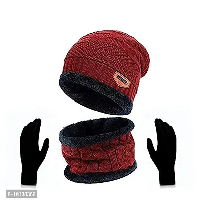 CHITRANSH ENTERPRISE Winter Knit Beanie Cap Hat Neck Warmer Scarf and Woolen Gloves Set for Men  Women (3 Piece) Red-thumb0