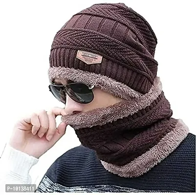 DESI CREED Winter Knit Neck Warmer Scarf and Set Skull Cap for Men Women Winter Cap for Men (2 Piece Combo) (Brown)-thumb0