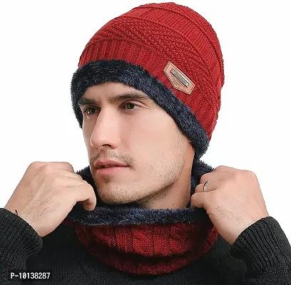 DESI CREED Winter Knit Neck Warmer Scarf and Set Skull Cap and Gloves for Men Women Winter Cap Combo Pack (Red-Blue)-thumb5