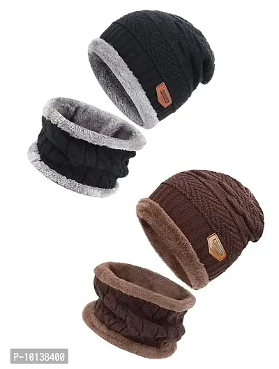 DESI CREED Winter Knit Neck Warmer Scarf and Set Skull Cap for Men Women Winter Cap for Men 2 Piece Combo Pack (Black-Brown)