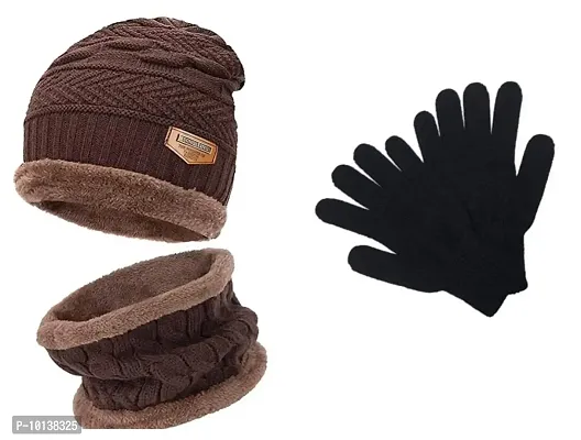 DESI CREED Winter Knit Neck Warmer Scarf and Set Skull Cap and Gloves for Men Women Winter Cap for Men 3 Piece (Brown)