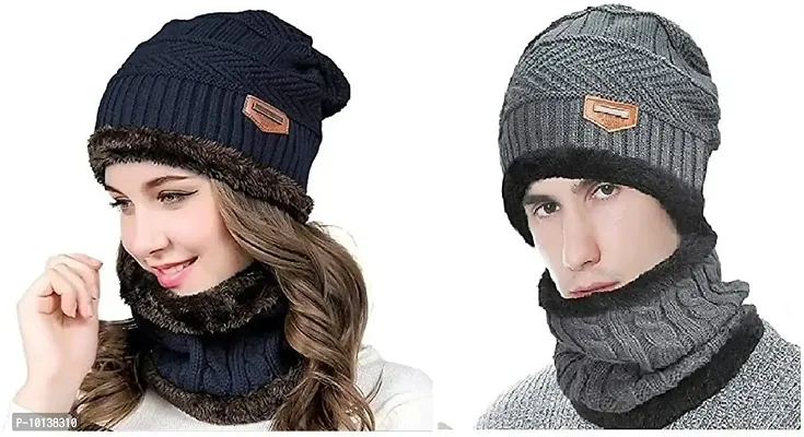 DESI CREED Winter Knit Neck Warmer Scarf and Set Skull Cap and Gloves for Men Women Winter Cap Combo Pack (Blue -Grey)