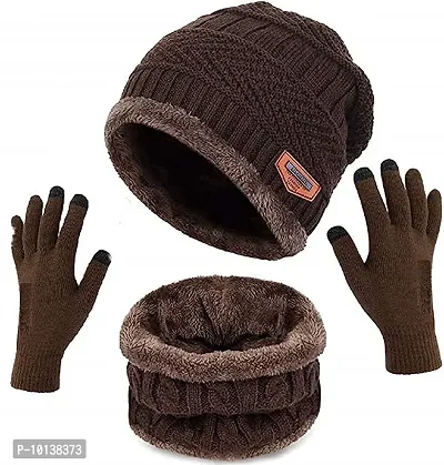 CHITRANSH ENTERPRISE Winter Knit Beanie Cap Hat Neck Warmer Scarf and Woolen Gloves Set for Men  Women (3 Piece) Brown