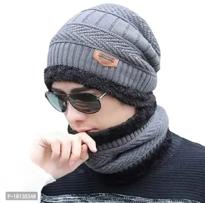 DESI CREED Winter Knit Neck Warmer Scarf and Set Skull Cap and Gloves for Men Winter Cap (Grey)